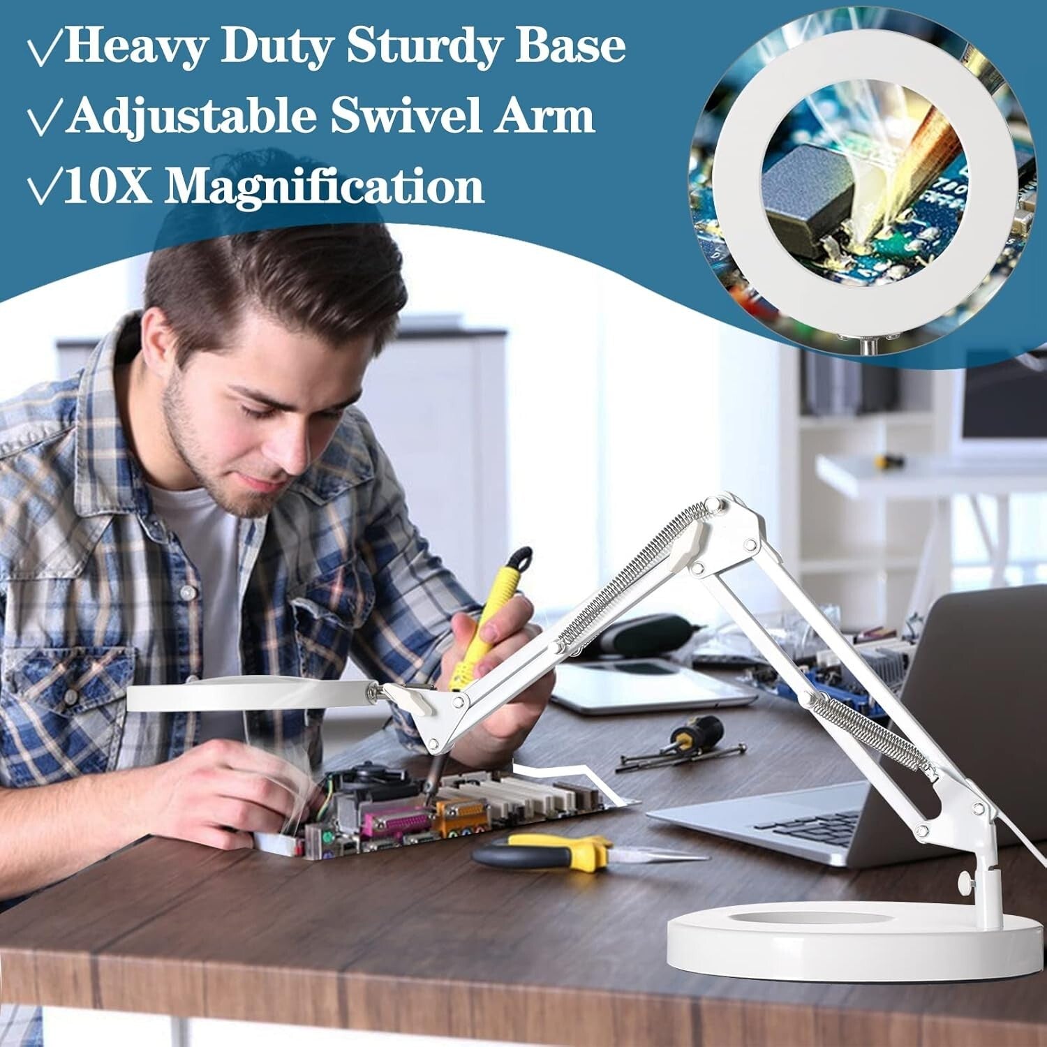 Adjustable 10X Magnifying Glass Lamp with LED - 1800 Lumens, Heavy-Duty Clamp