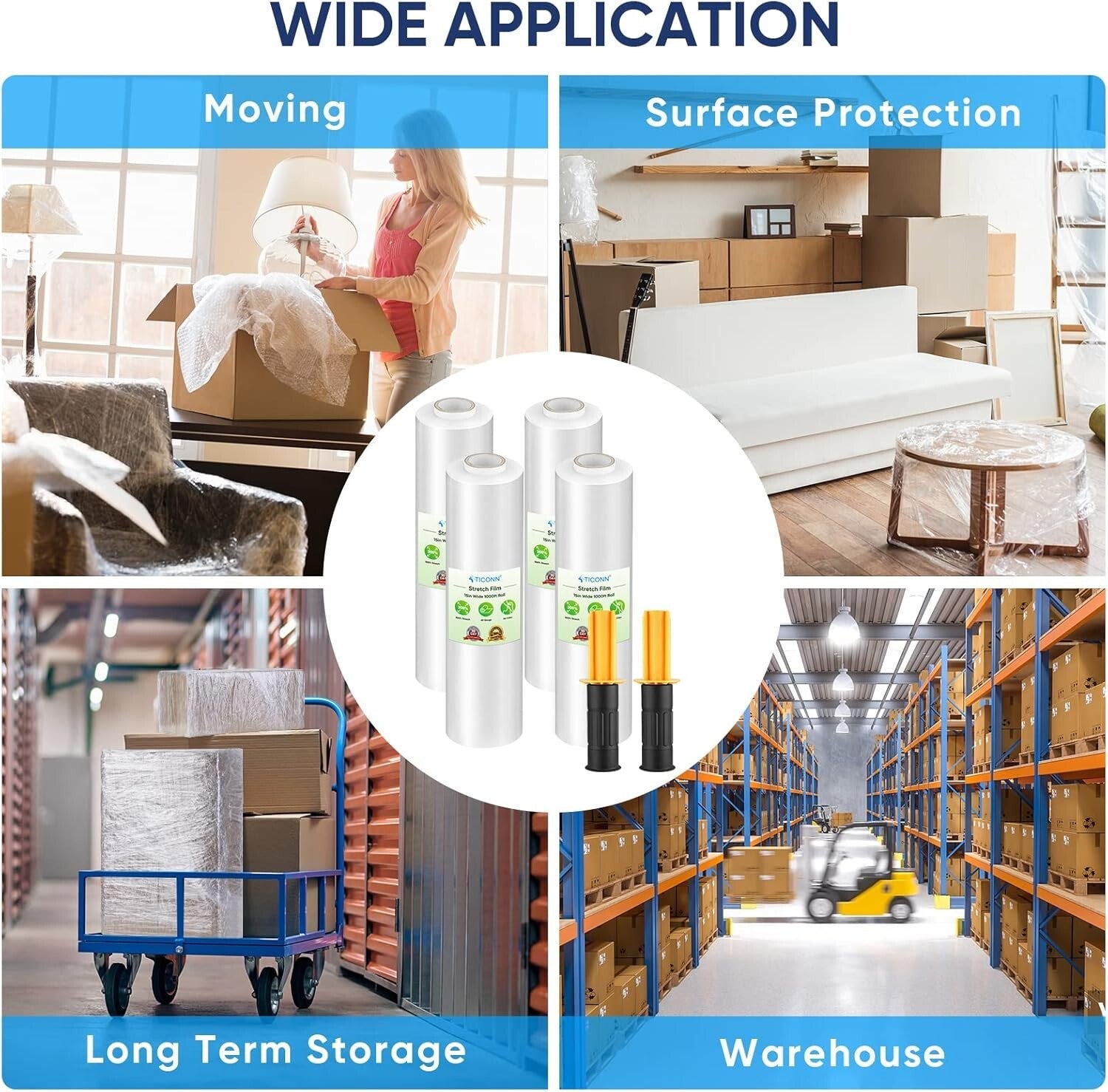 Clear Plastic Stretch Film Roll with Handles - 15" Wide, 1000ft for Safe Moving