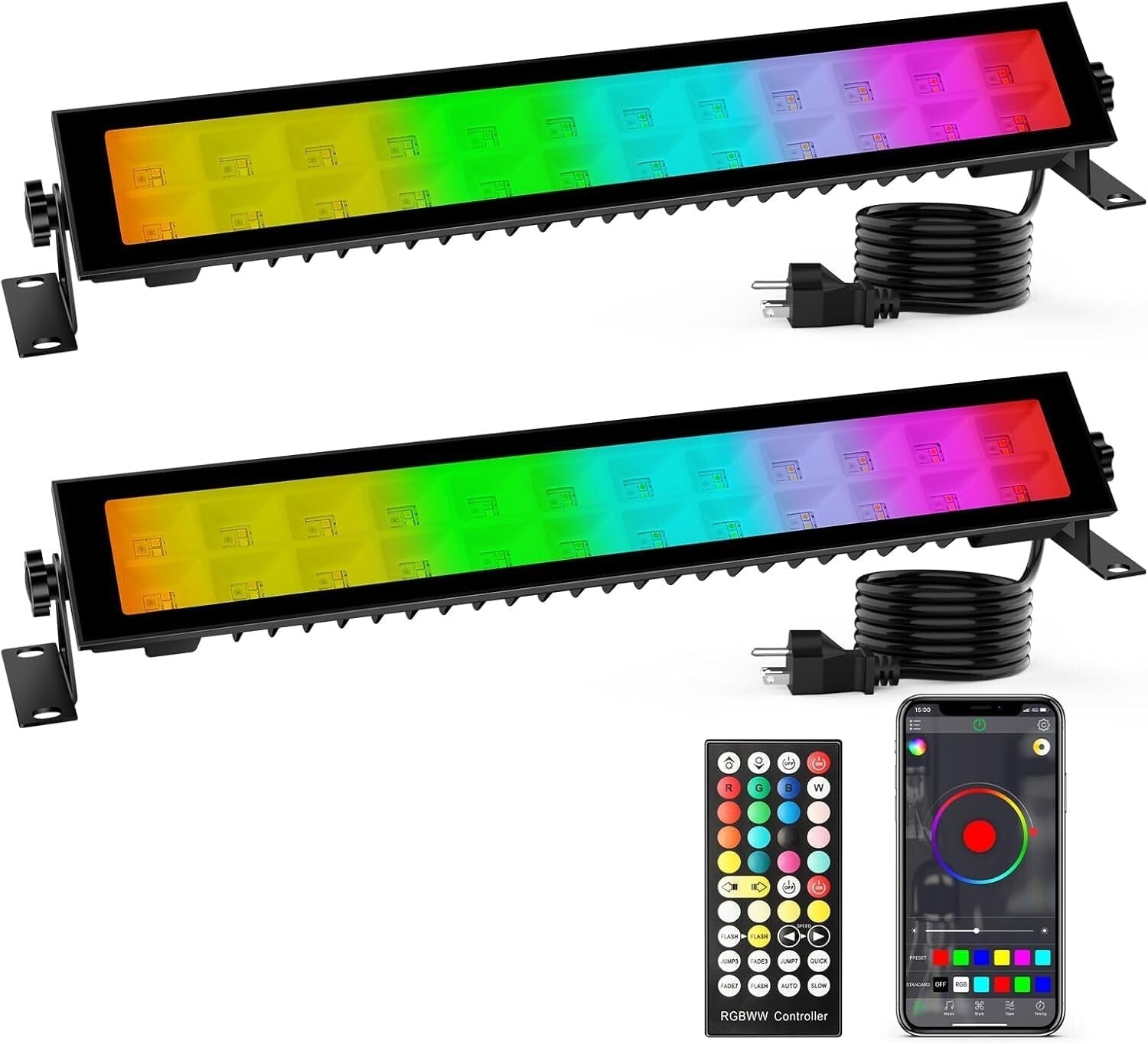 2 Pack RGB+ Warm White LED Wash Light Bar with Music Sync & Timer Function