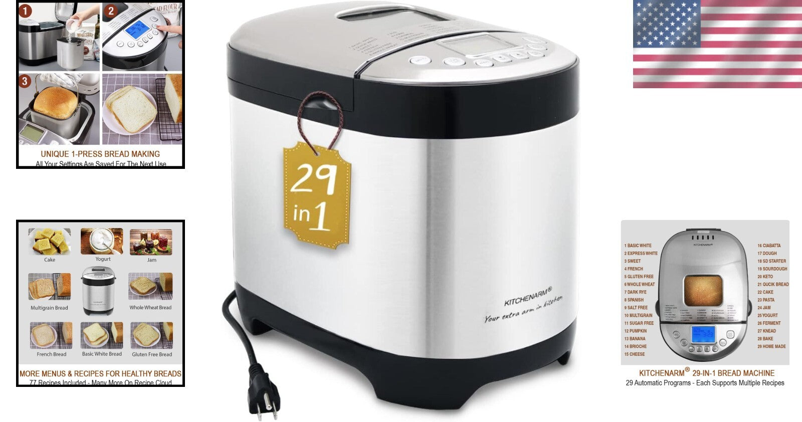 Stainless Steel Bread Maker with 29 Programs & Customizable Cycle for All Levels