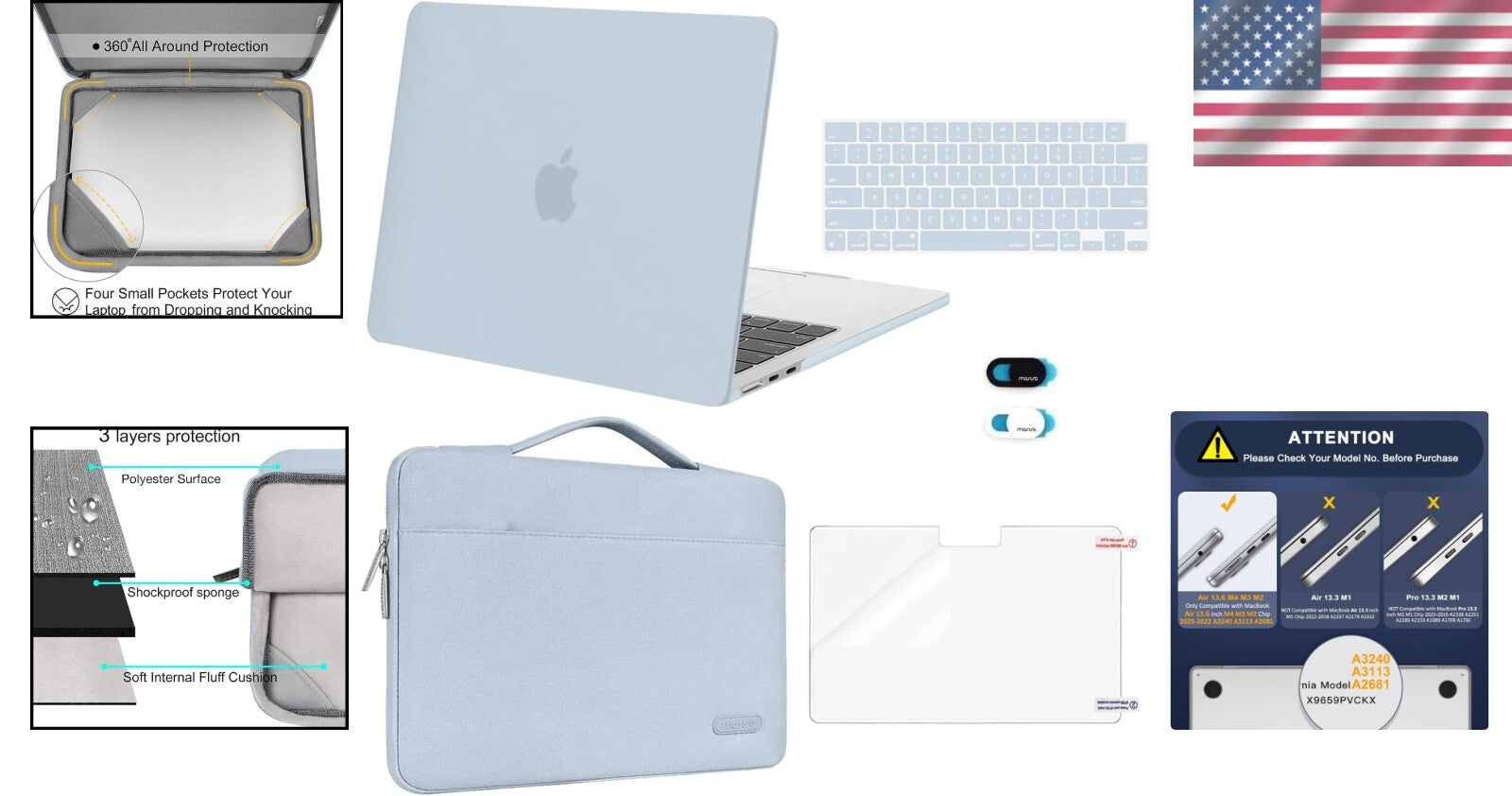 Stylish Baby Blue 360-Degree Protective Case & Accessories for MacBook Air 13