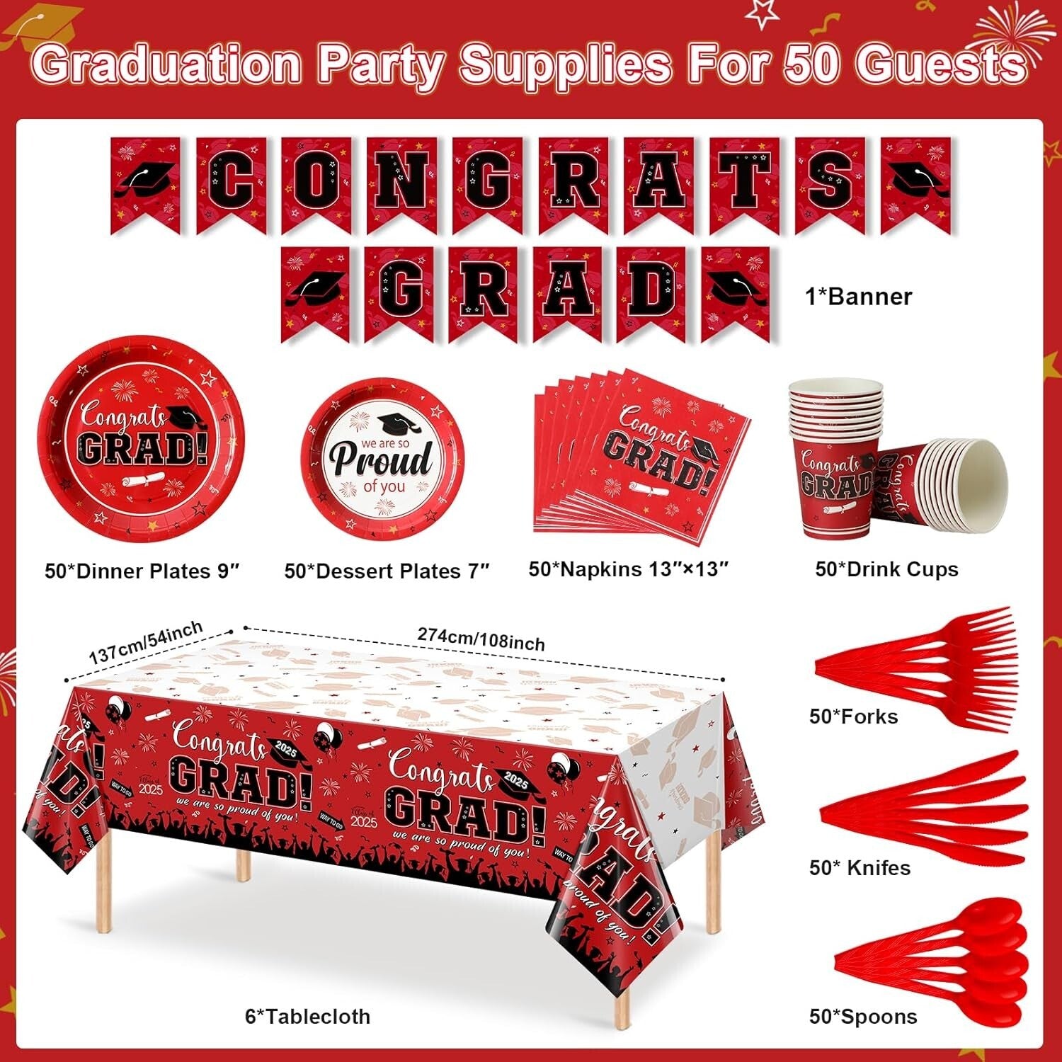 Disposable Graduation Party Supplies Set: 357 Red Plates, Napkins, Banner & More