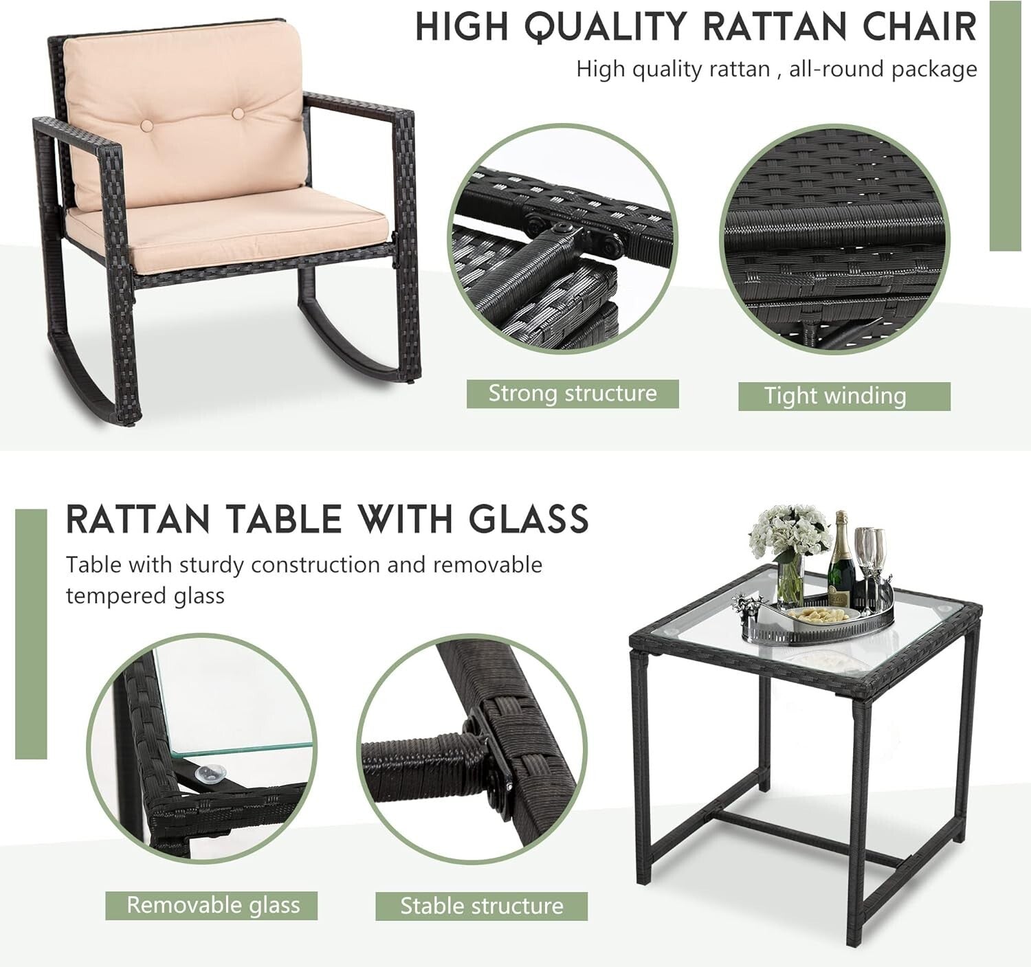 All-Weather 3 Piece Rattan Conversation Set - Black Bistro Chairs & Table