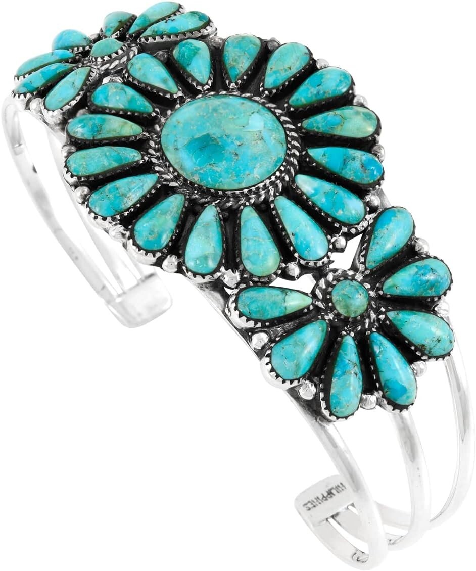 Handmade Adjustable 925 Sterling Silver Turquoise Cluster Bracelet for Women