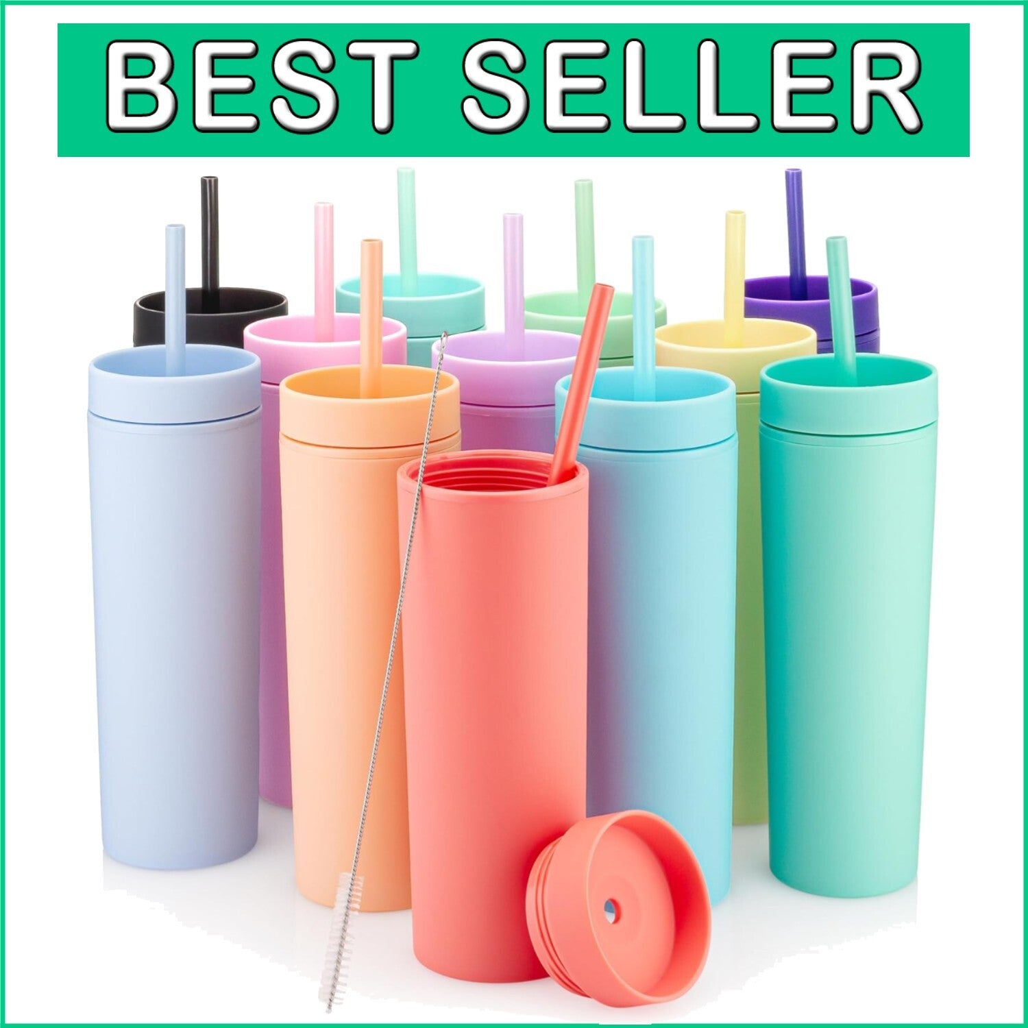 Colorful 12-Pack of 16oz Double Wall Acrylic Skinny Tumblers with Lids & Straws