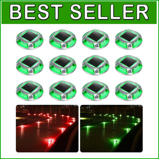 Elegant 12 Pack Solar Driveway Lights - Green & Red Color Modes for Pathways
