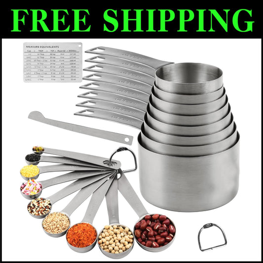 Complete 21-Piece Stainless Steel Measuring Set with Magnetic Conversion Chart
