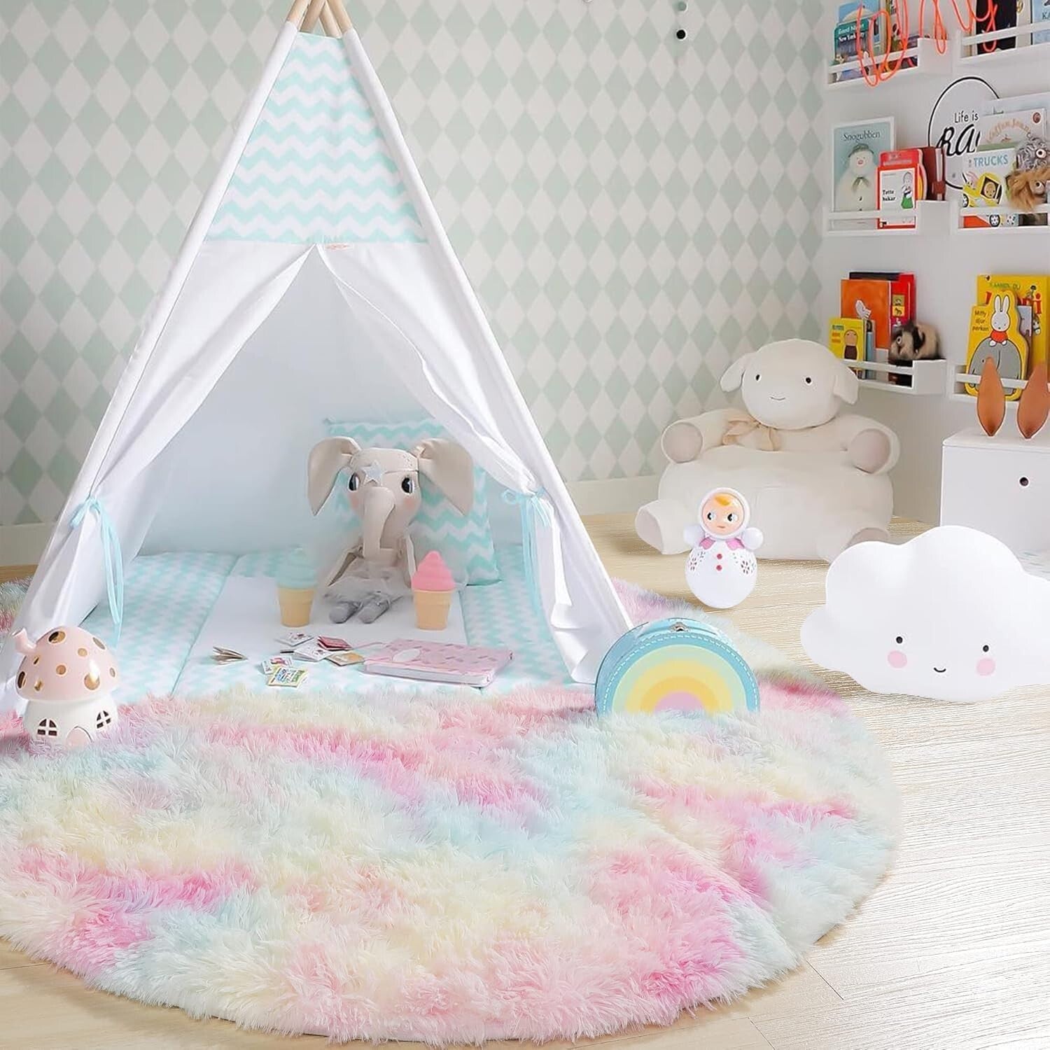 Soft 5Ft Pastel Round Rug - Cozy Fluffy Carpet for Toddler Unicorn Rooms