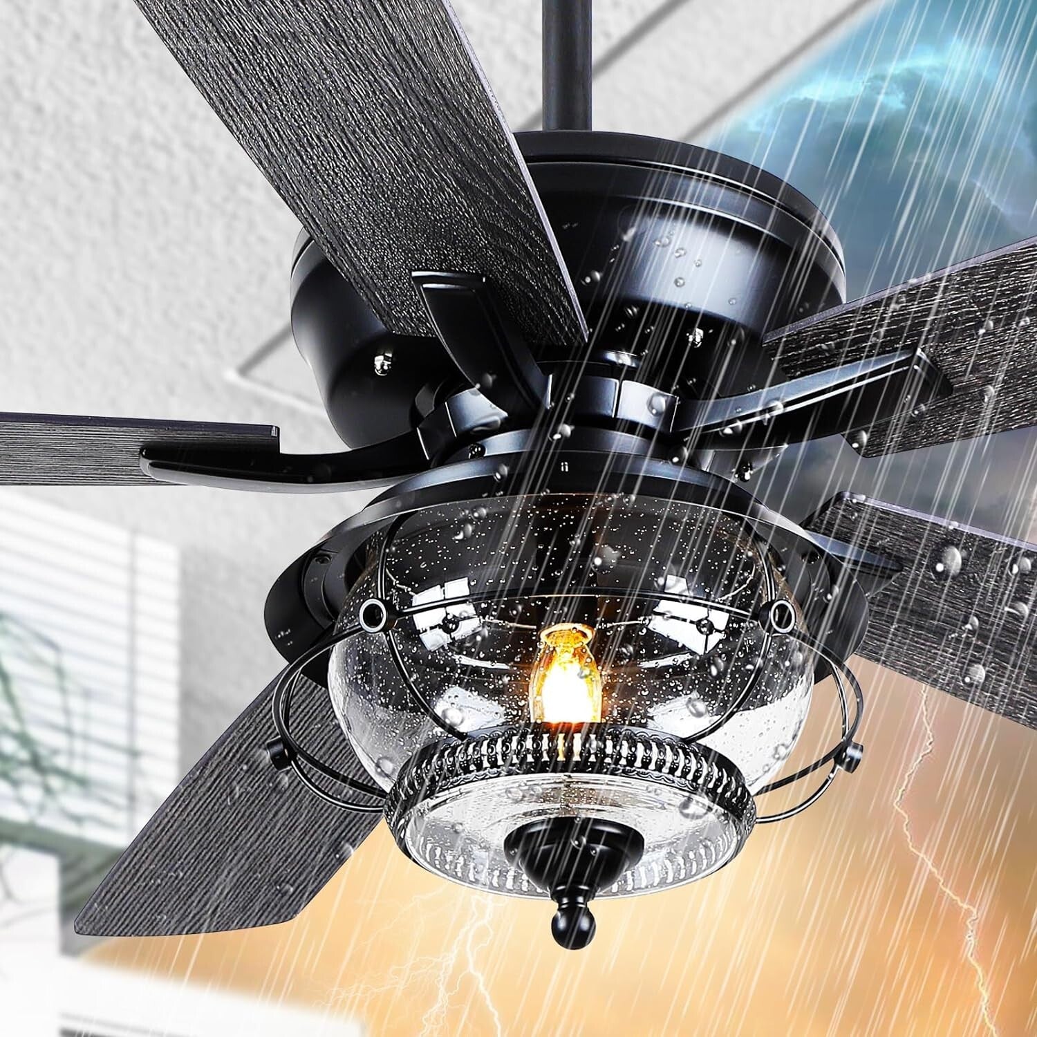 Elegant 52-Inch Black Ceiling Fan with Waterproof LED Light - Ideal for Patios