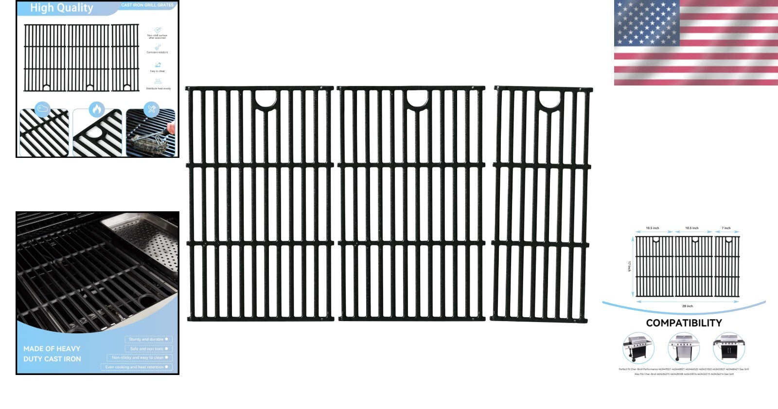 Durable 17" Cast Iron Replacement Grates for Char-Broil Gas Grills - Set of 3