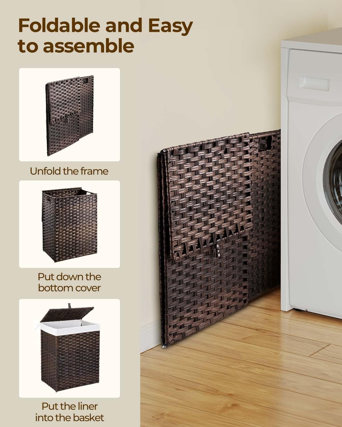 Chic Brown Laundry Basket with Lid & 2 Washable Bags - 90L Stylish Storage