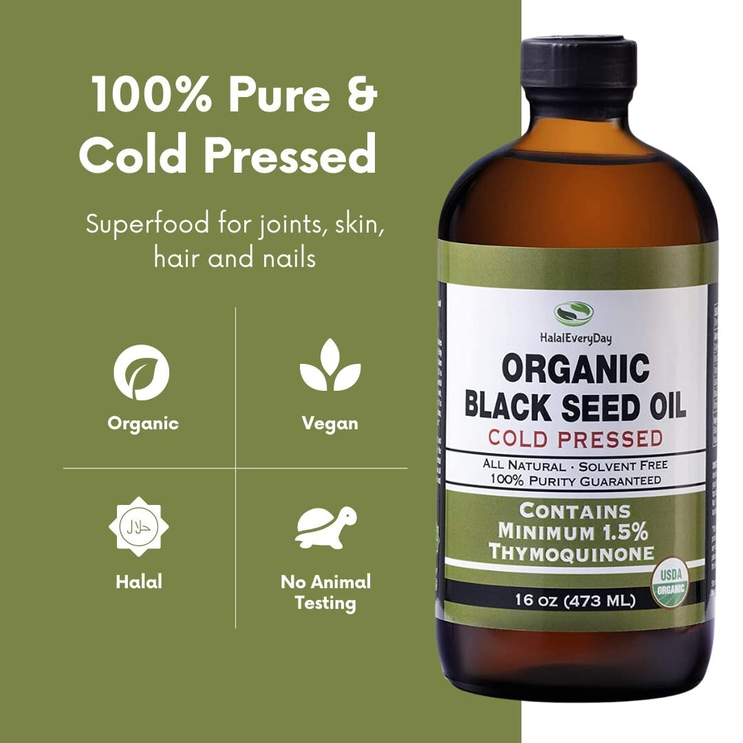 Premium Organic Black Seed Oil in 16oz Glass Bottle - Halal, Vegan, No Additives