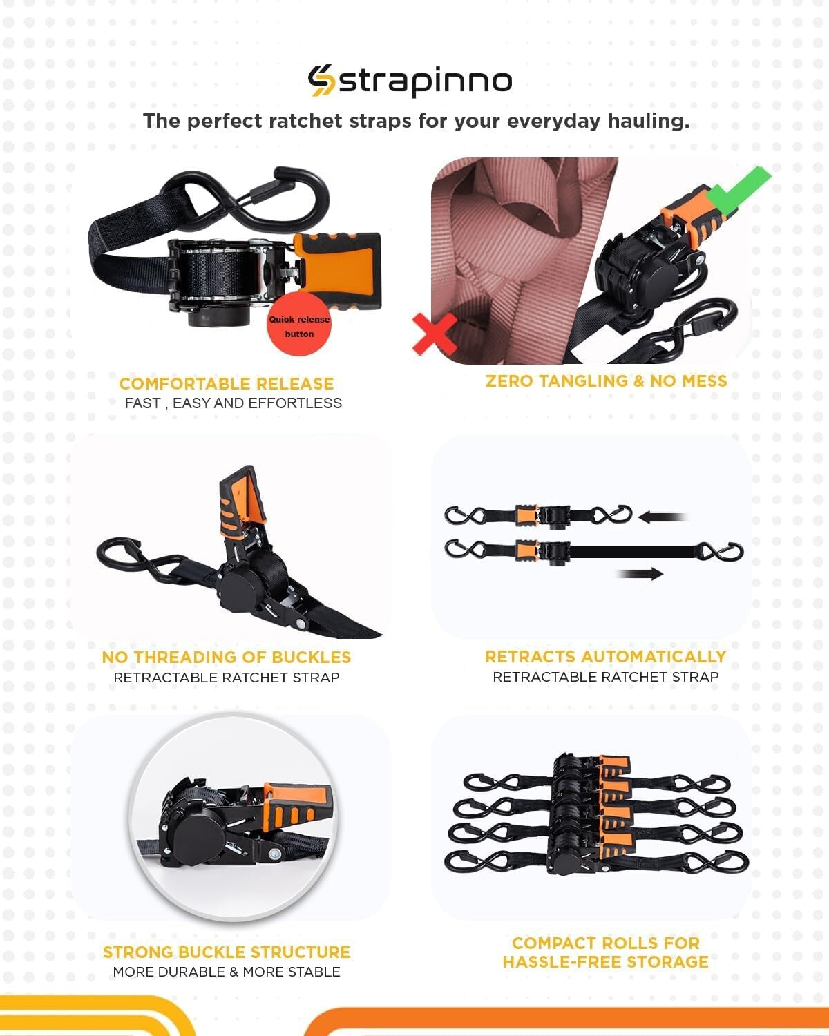 4-Piece Retractable Ratchet Straps Bundle - 1in x 6ft - 1,500LBS Strength