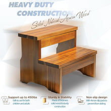 Load image into Gallery viewer, Safe &amp; Eco-Friendly Acacia Wood Step Stool - 2 Steps for All Ages, Easy to Move