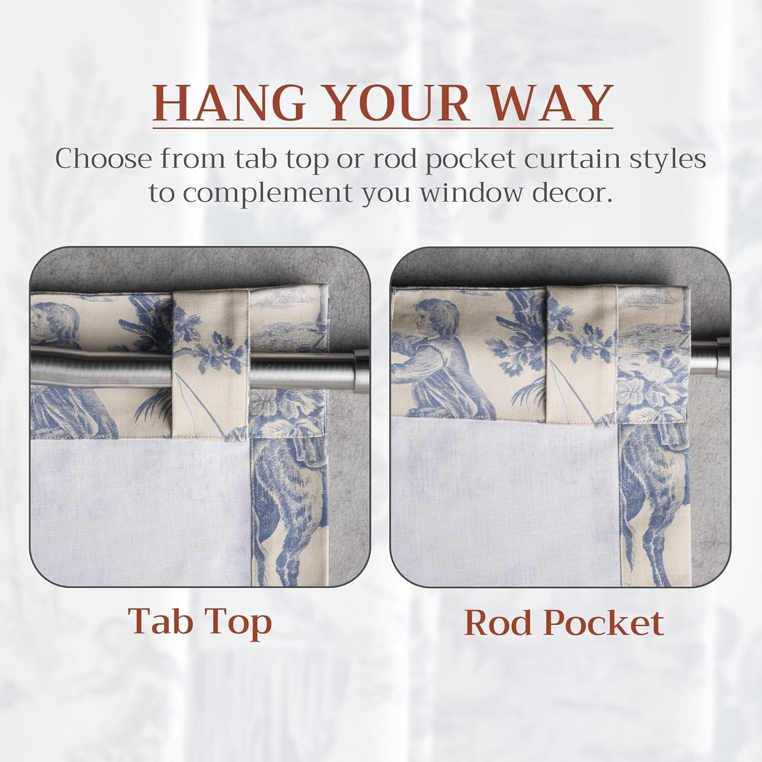 Charming 100% Cotton Toile Drapes 50" W x 108" L - Classic Elegance for Any Room