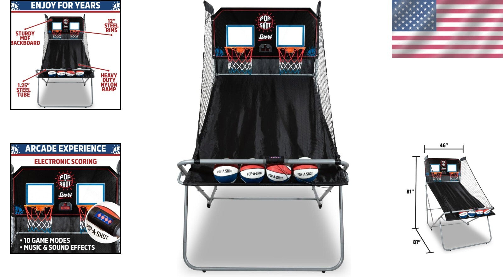 Foldable Arcade Basketball Game - Durable Steel Frame with 10 Game Options