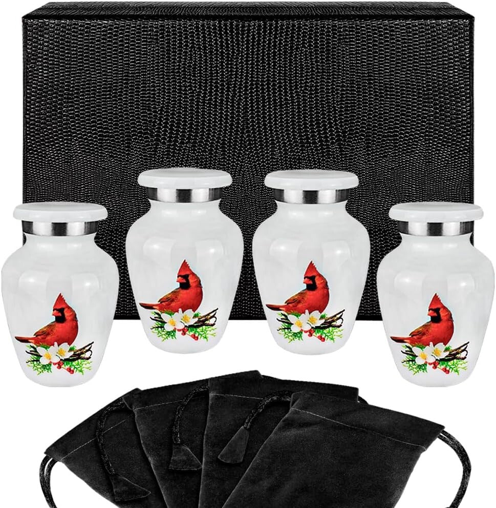 Set of 4 Mini Cremation Urns with Stunning Red Cardinal Design for Keepsakes