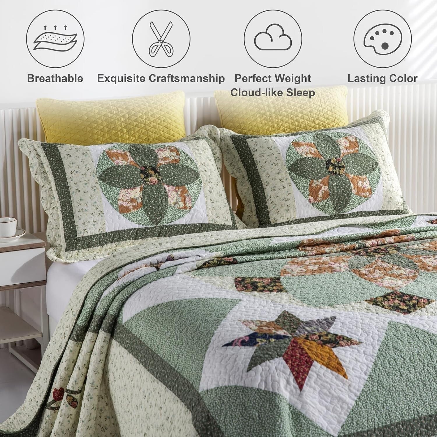 Breathable King Size Patchwork Quilt Set - Eco-Friendly Cotton Floral Design