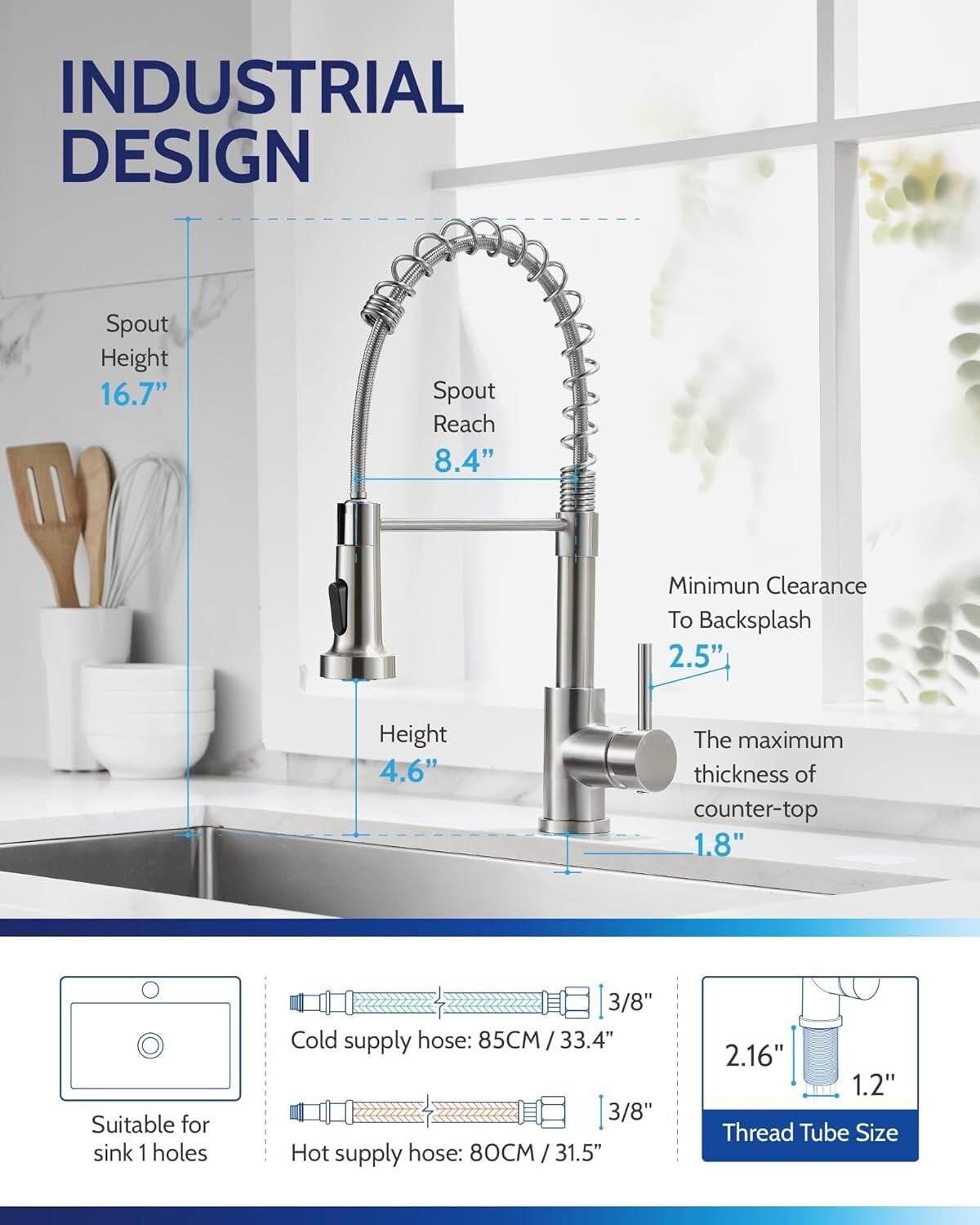 Brushed Nickel Kitchen Faucet with Pull Down Sprayer & High Arc - Easy Install
