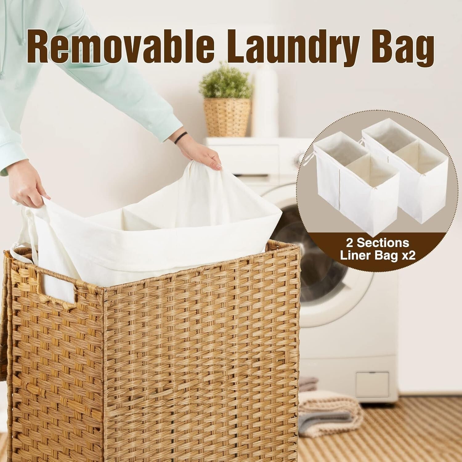 Elegant 110L Divided Laundry Basket with Wheels - Waterproof and Easy-Clean