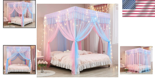 Deluxe Rainbow Princess Bed Canopy with Built-In Lights - Cozy Queen Size Decor