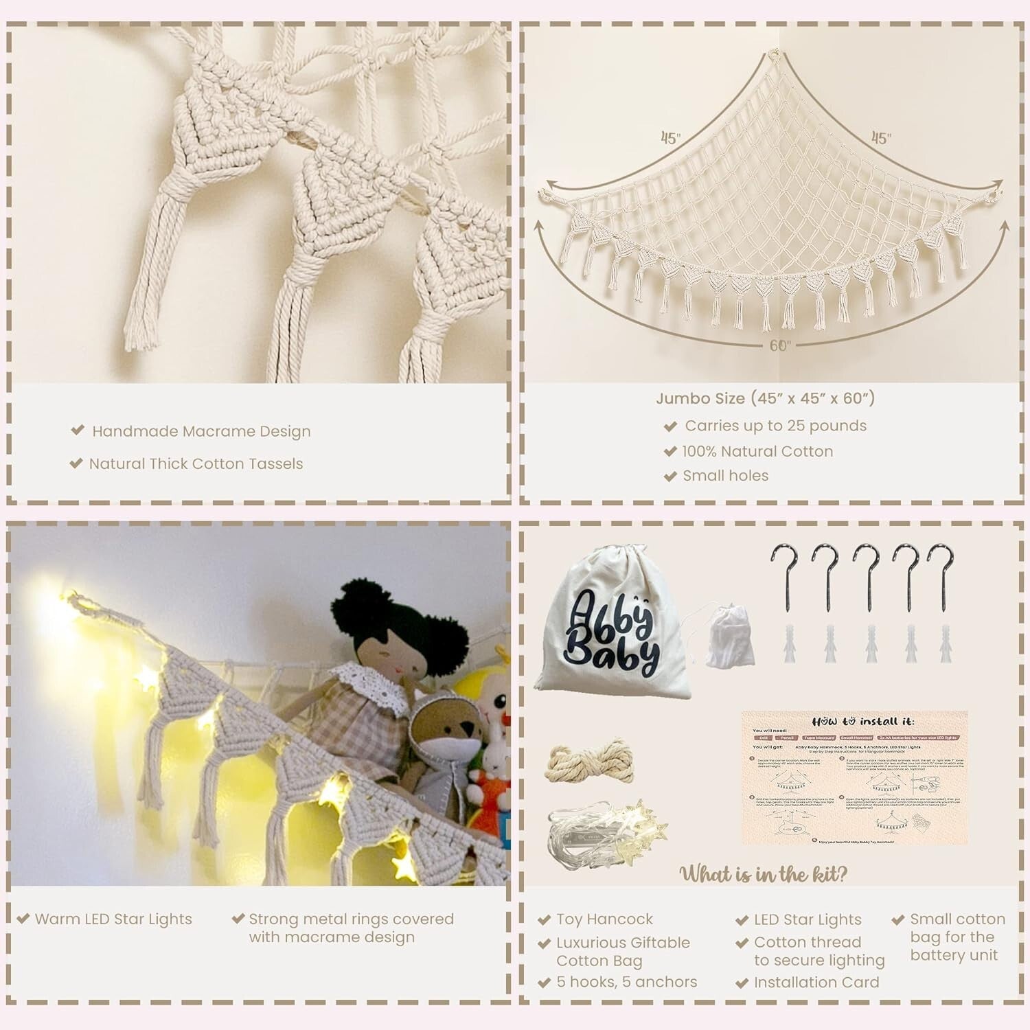 Extra Large Natural Cotton Stuffed Animal Hammock with LED Lights - Boho Storage