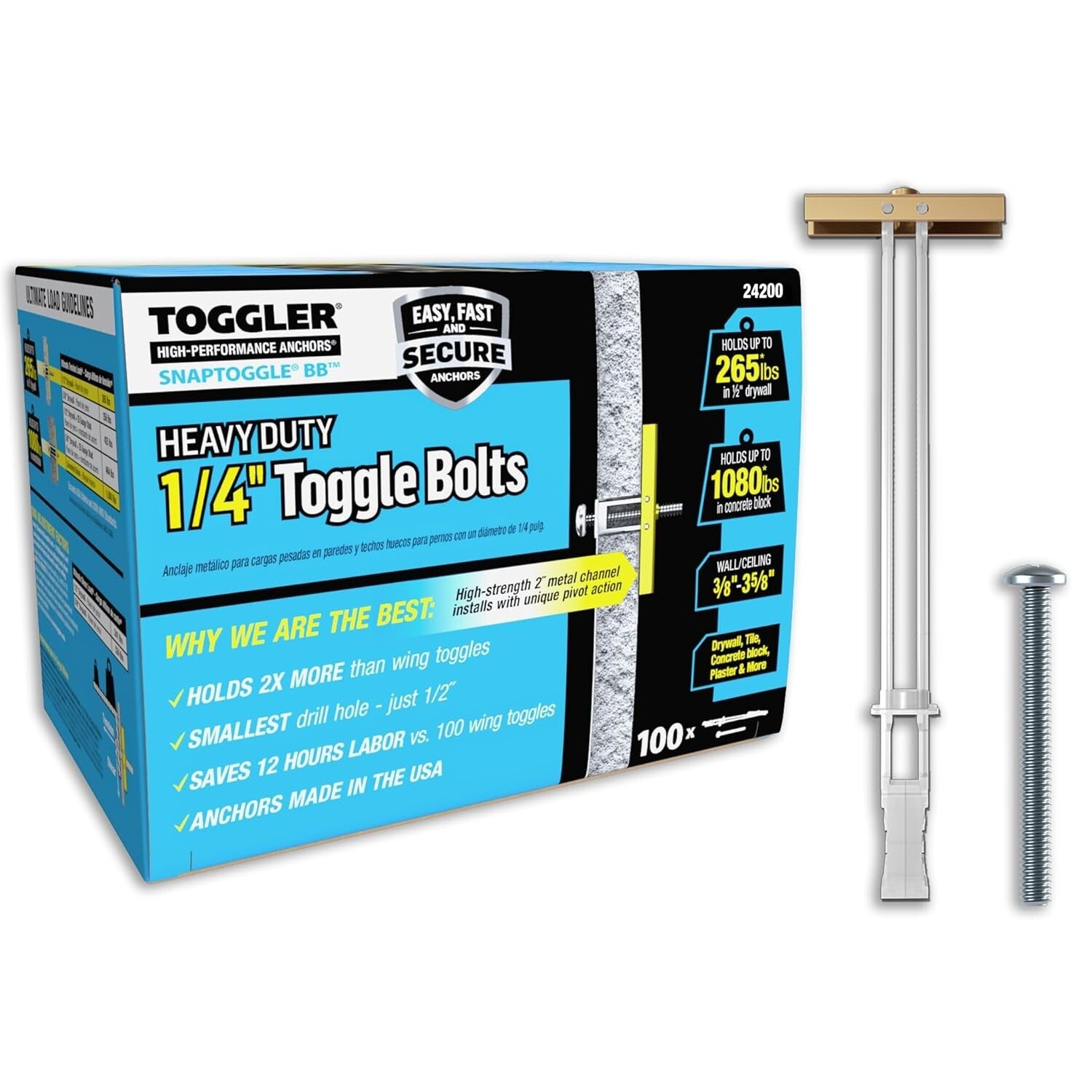 SNAPTOGGLE 100-Pack Drywall Anchors - 1/4-in Toggle Bolts Hold 265 lbs Each