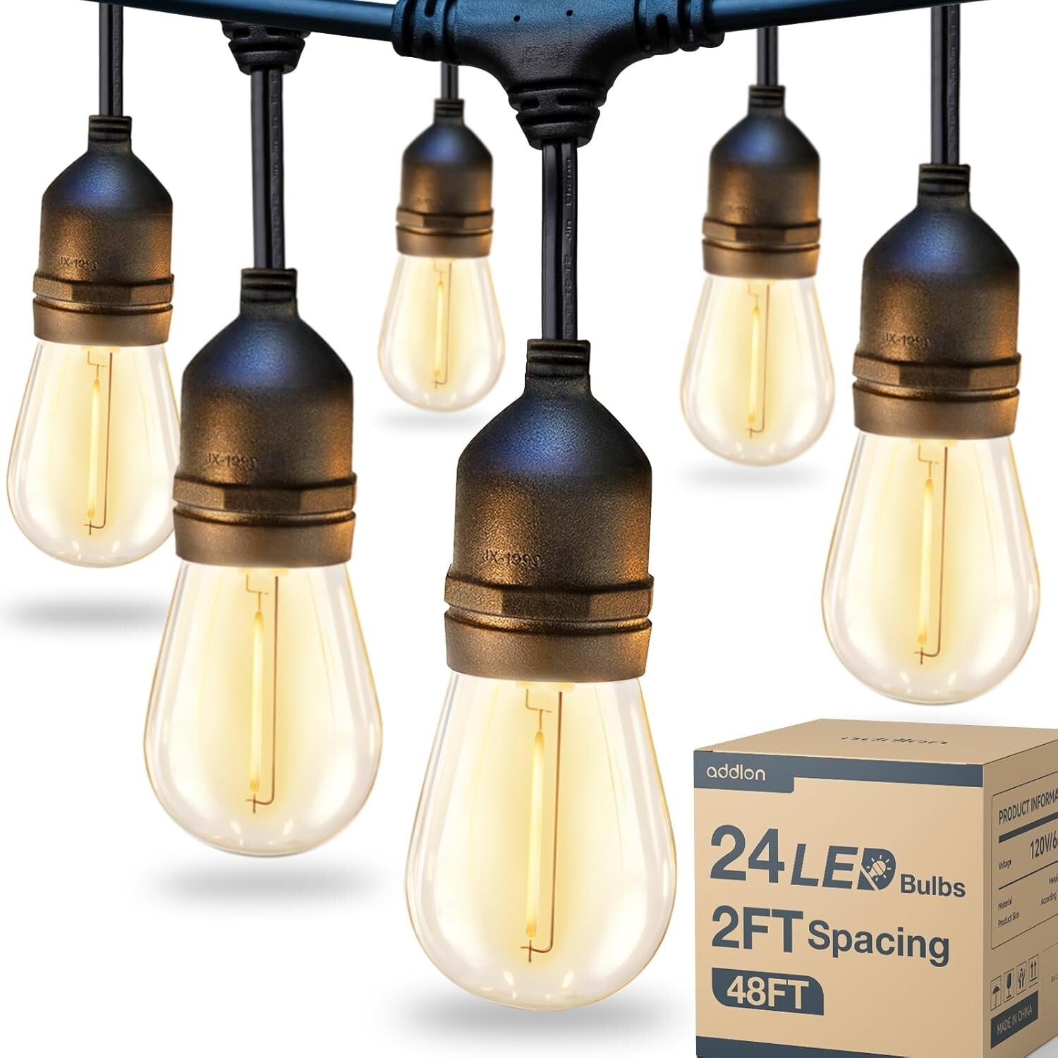 Elegant 48FT LED Outdoor String Lights with 25 Shatterproof Bulbs - Black Cord