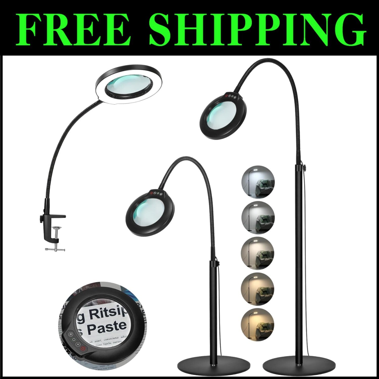 Flexible 24” Gooseneck 10X Magnifying Lamp: Stepless Dimmable Light for Crafts
