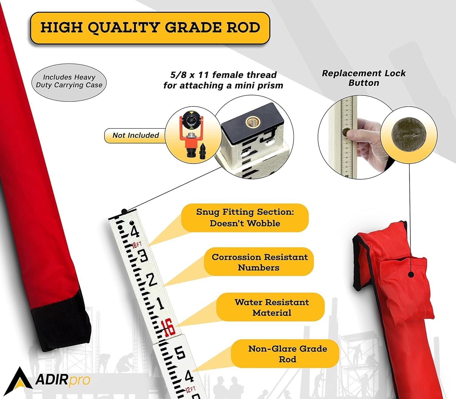 Durable 16' Fiberglass Grade Rod – 4-Section Telescoping for Accurate Leveling