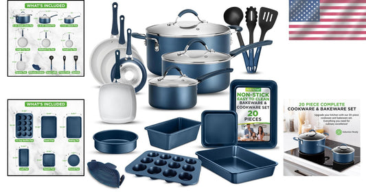 Durable 20-Piece Navy Kitchen Cookware Set - Induction Ready and Dishwasher Safe