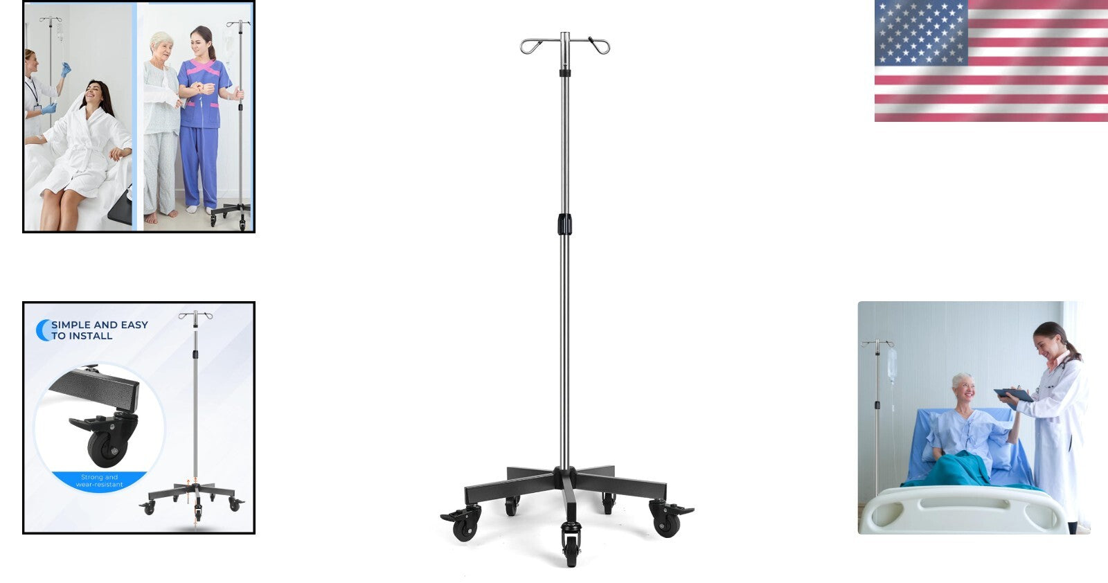 Portable Stainless Steel IV Pole - 2 Hooks, Adjustable Height & Wheels