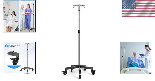 Portable Stainless Steel IV Pole - 2 Hooks, Adjustable Height & Wheels