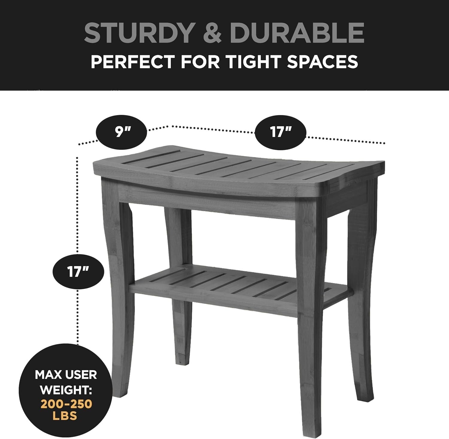 Bamboo Shower Bench - Elegant Grey Stool with Non-Slip Feet for Ultimate Safety