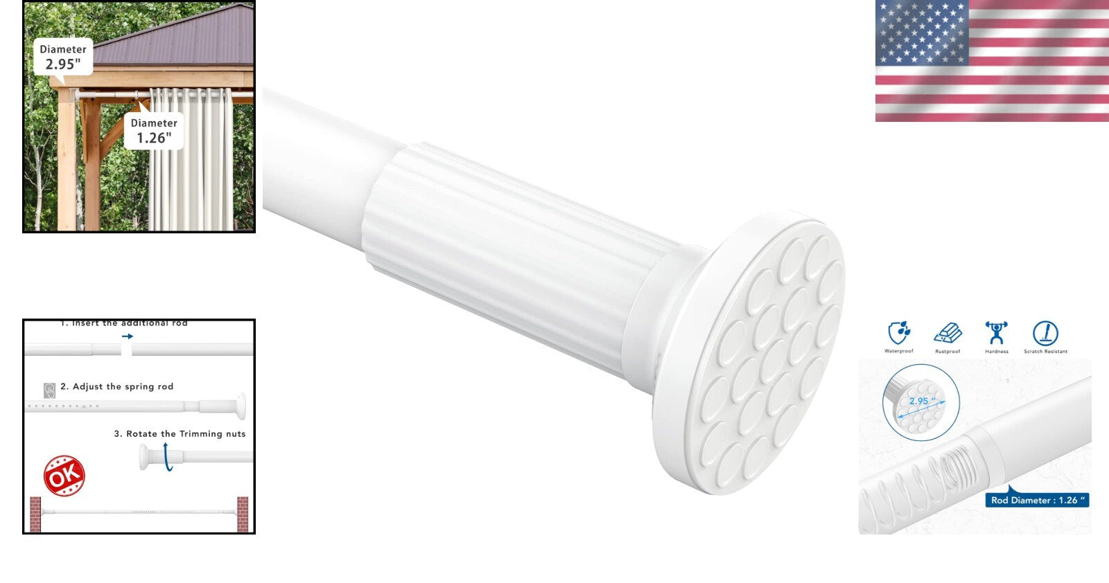 Adjustable Tension Curtain Rod 51-165” - Rust-Free, Easy No Drill Installation