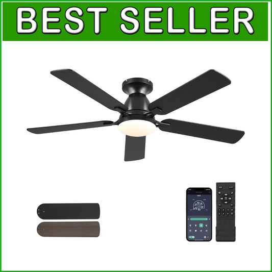 Dimmable 52" Ceiling Fan with Remote & App Control - Black Low Profile Design