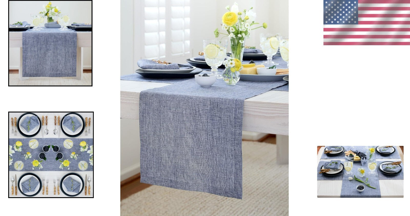 Handcrafted 100% Pure Linen Table Runner - 14 x 108 Inches in Indigo Chambray