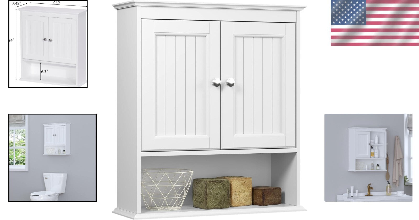 Durable Wall-Mounted Medicine Cabinet with Decorative Paneling & Nickel Handles