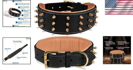 Stylish Spiked Leather Dog Collar for Large Breeds - Comfort and Safety Combined