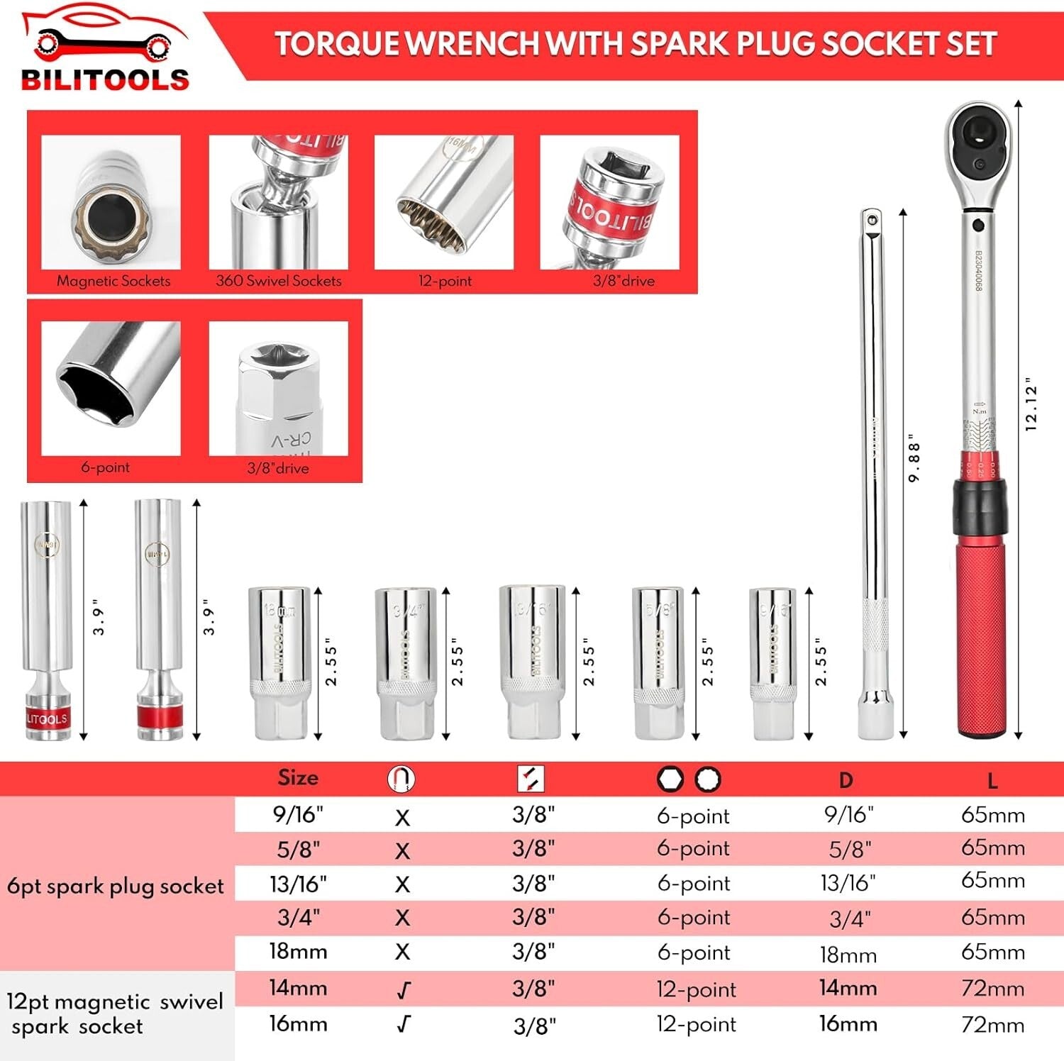 Precision 9-Piece Spark Plug Socket Set with Chrome Vanadium Click Torque Wrench