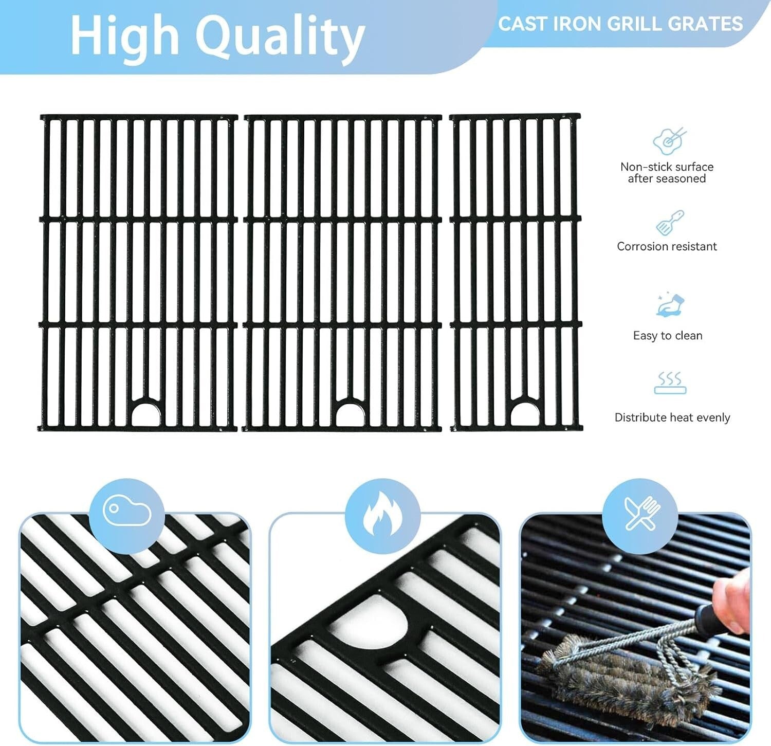 Durable 17" Cast Iron Replacement Grates for Char-Broil Gas Grills - Set of 3