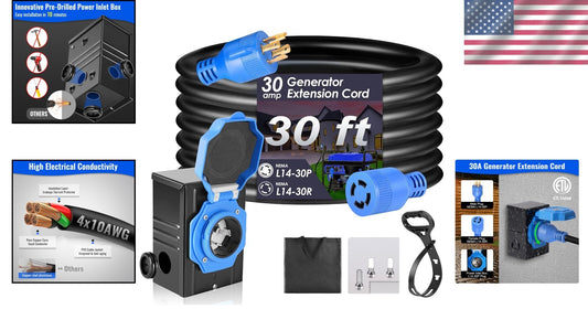 ETL Certified 30 Amp 30 FT Generator Extension Cord with Pre-Drilled Inlet Box