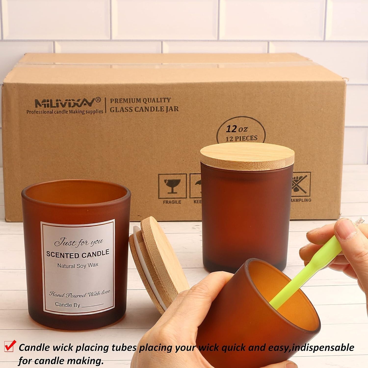 Elegant 12 OZ Frosted Amber Candle Jars with Bamboo Lids - Crafting Kit Included