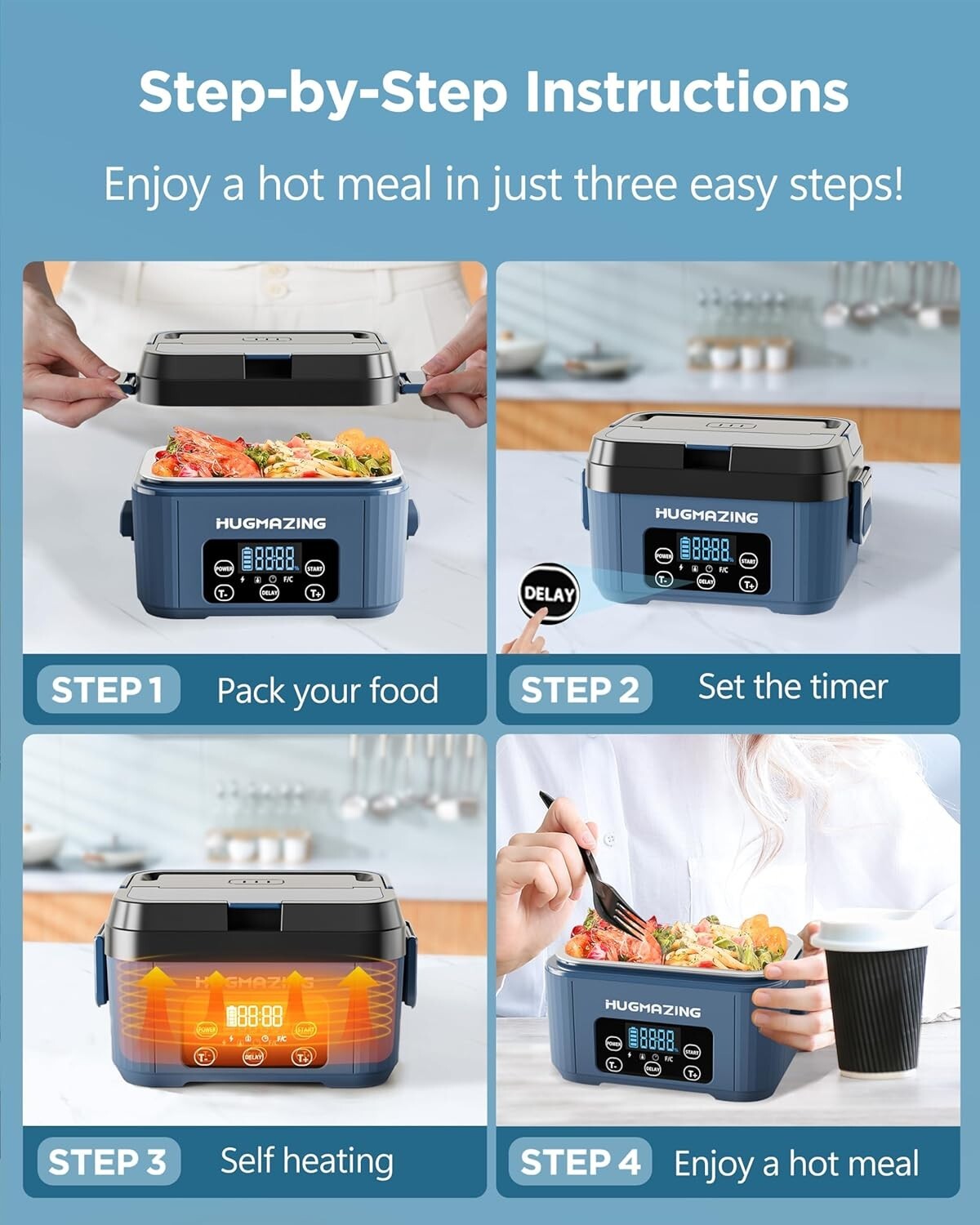 Reable Self-Heating Lunch Box with Adjustable Strap - Perfect for Men & Women