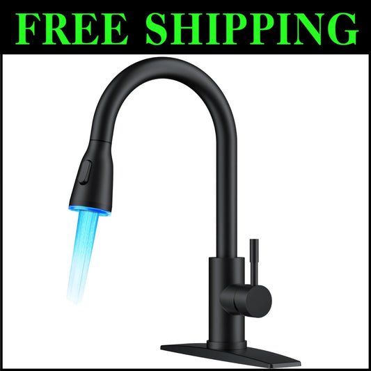 Matte Black Single Handle Faucet with LED Indicator & Flexible Pull Down Sprayer