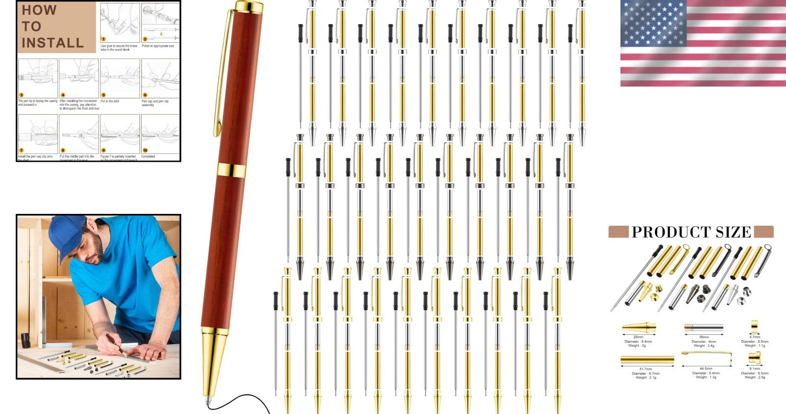 DIY Wood Turning Pen Kit - 30 Pcs in Black, Silver, Gold for Personalized Gifts