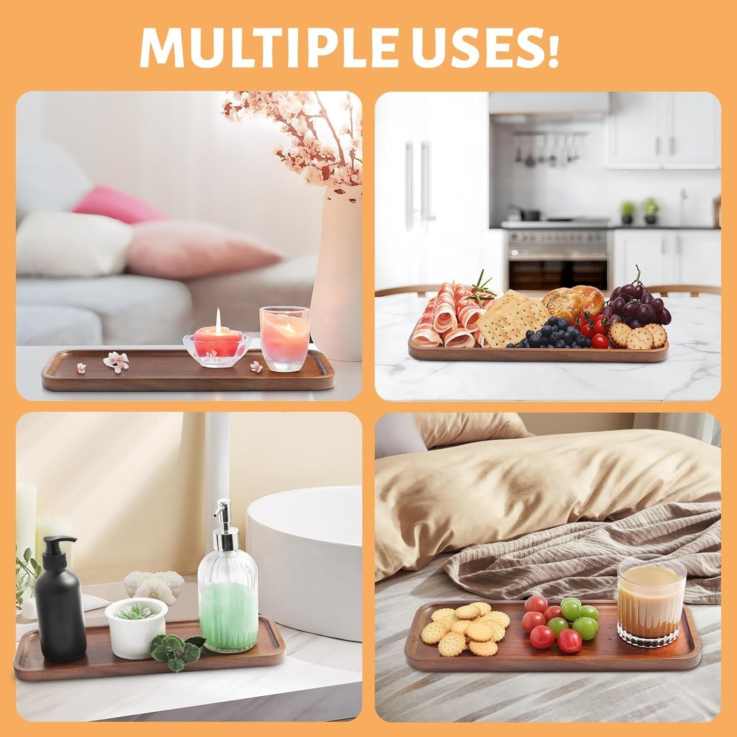 Elegant Acacia Serving Trays for Parties - 14" x 5.5" Charcuterie Boards, 6 Pack