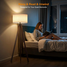 Load image into Gallery viewer, Mid Century Wood Tripod Floor Lamp with Linen Shade - Stylish Living Space Light