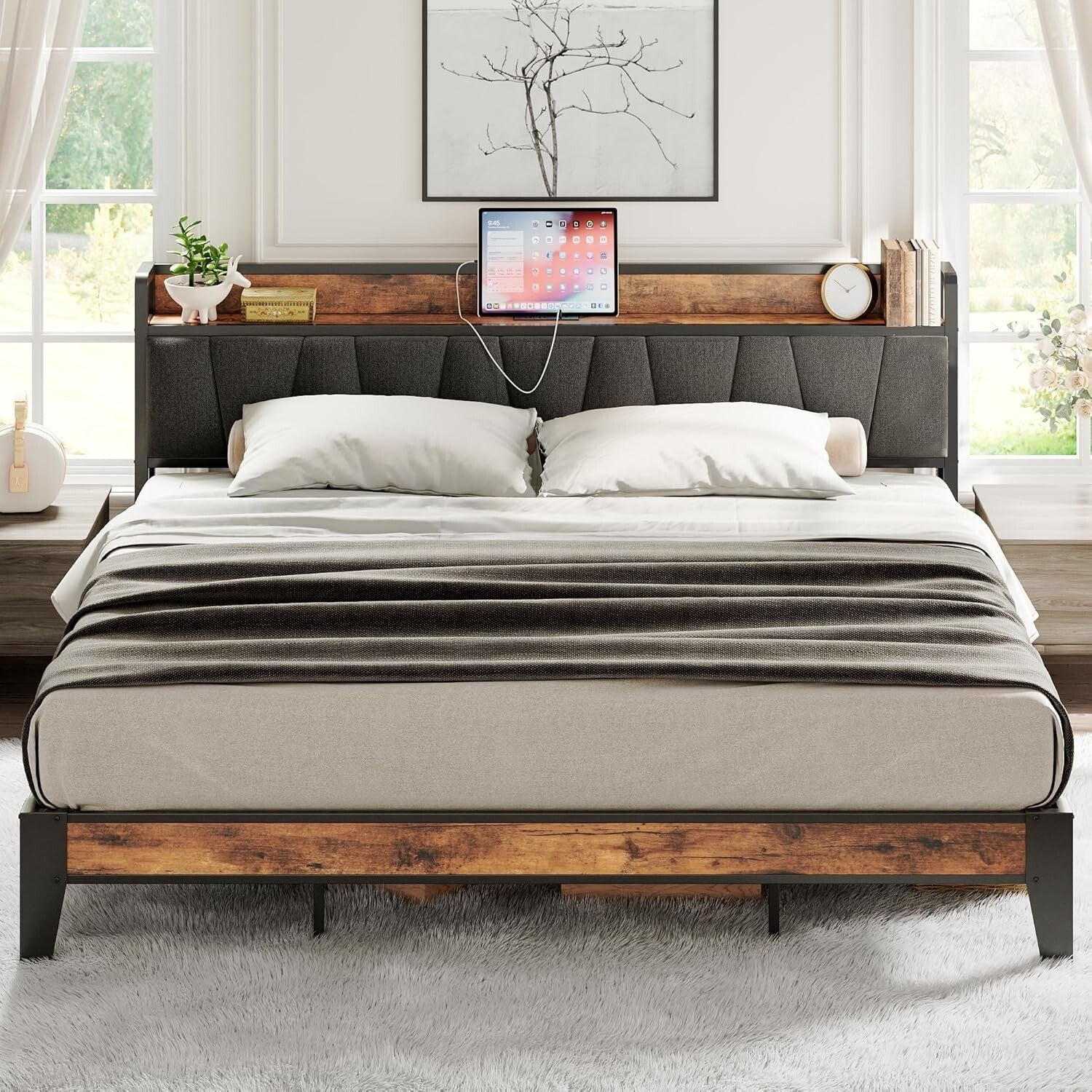 King Size Bed Frame with Storage Headboard & Charging Station - Easy Assembly