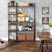 Load image into Gallery viewer, Rustic 43-Inch 5-Tier Bakers Rack with 10 Hooks – Large Kitchen Storage Solution